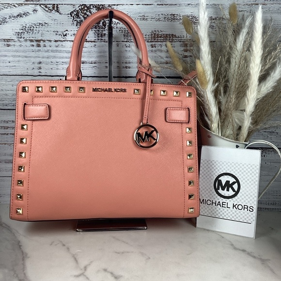 MICHAEL KORS CORAL PINK BAG WALLET CROSSBODY SET RAYNE STUDDED SAFFIANO LEATHER - Picture 5 of 16